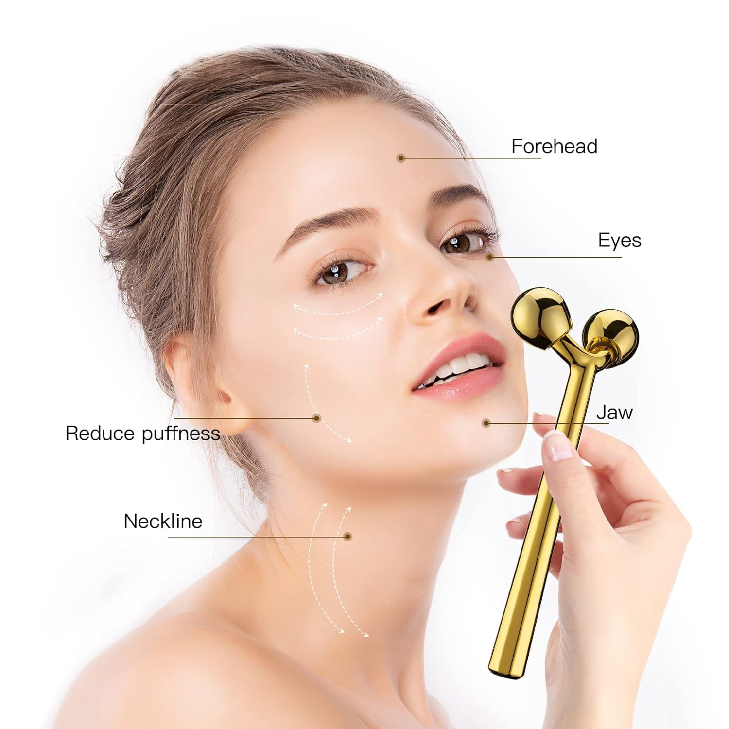Facial Roller Massager, 3D Metal face Massage Tool for Eye Reduce Puffiness, Face Lift, Anti-Aging, Skin Tightening (Gold）
