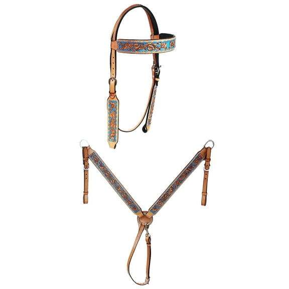 Horse Western Floral Browband Bridle & Breast Collar Set Turquoise 78FK07B