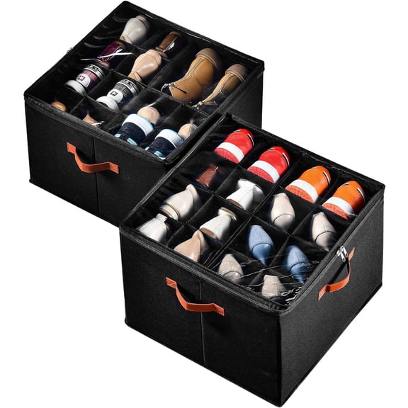 2 Pack Shoe Organizer for Closet, Fits up to 32 Pairs, Adjustable Dividers for Shoe Storage, Space-Saving Shoe Bins and Clear Top, Black