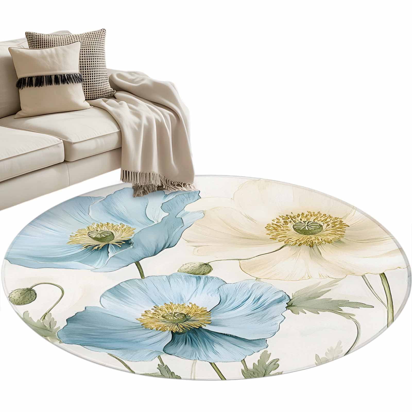 Round Area Rug-3ft Watercolor Blossom Floral Poppy Non Slip Washable Circle Carpet Soft Large Floor Rugs for Living Room Bedroom Nursery Office