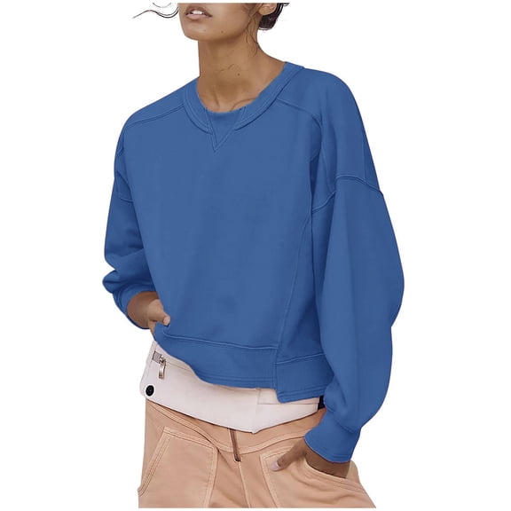 JWZUY Womens Crewneck Long Sleeve Sweatshirt Solid Sweatshirts Casual Jumper Sping Tops Cotton Pullover Blue XL