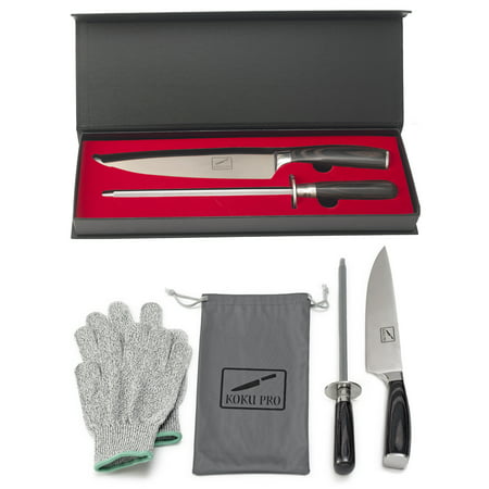 Deluxe Comfort Japanese Knife - Pro 8” Sharp Chef Knife - High Carbon Stainless Steel Kitchen Knife - Includes, Knife Sharpener, 2 Kevlar Gloves (Cut-Resistant ), Storage