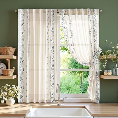 Winslow Linen Curtains 54 Inch Length Small Window Curtains Embroidered Bordered Floral Drapes Light Filtering for Bathroom Laundry Room Kitchen Farmhouse Decor Blue on Beige 2 Panels