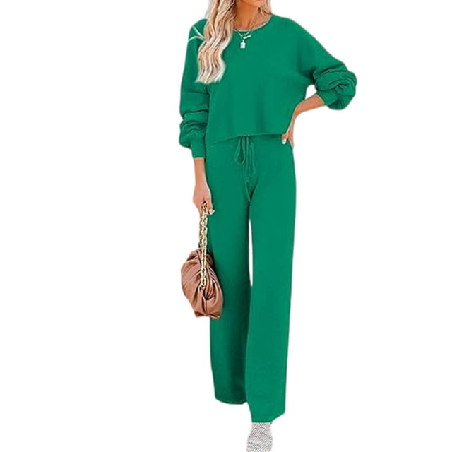 Fashnice Ensembles de Survêtements pour Femmes Col Rond Ensemble de Jogging à Manches Longues Coupe Ample Haut Court Pantalon Grand Vert 3TG