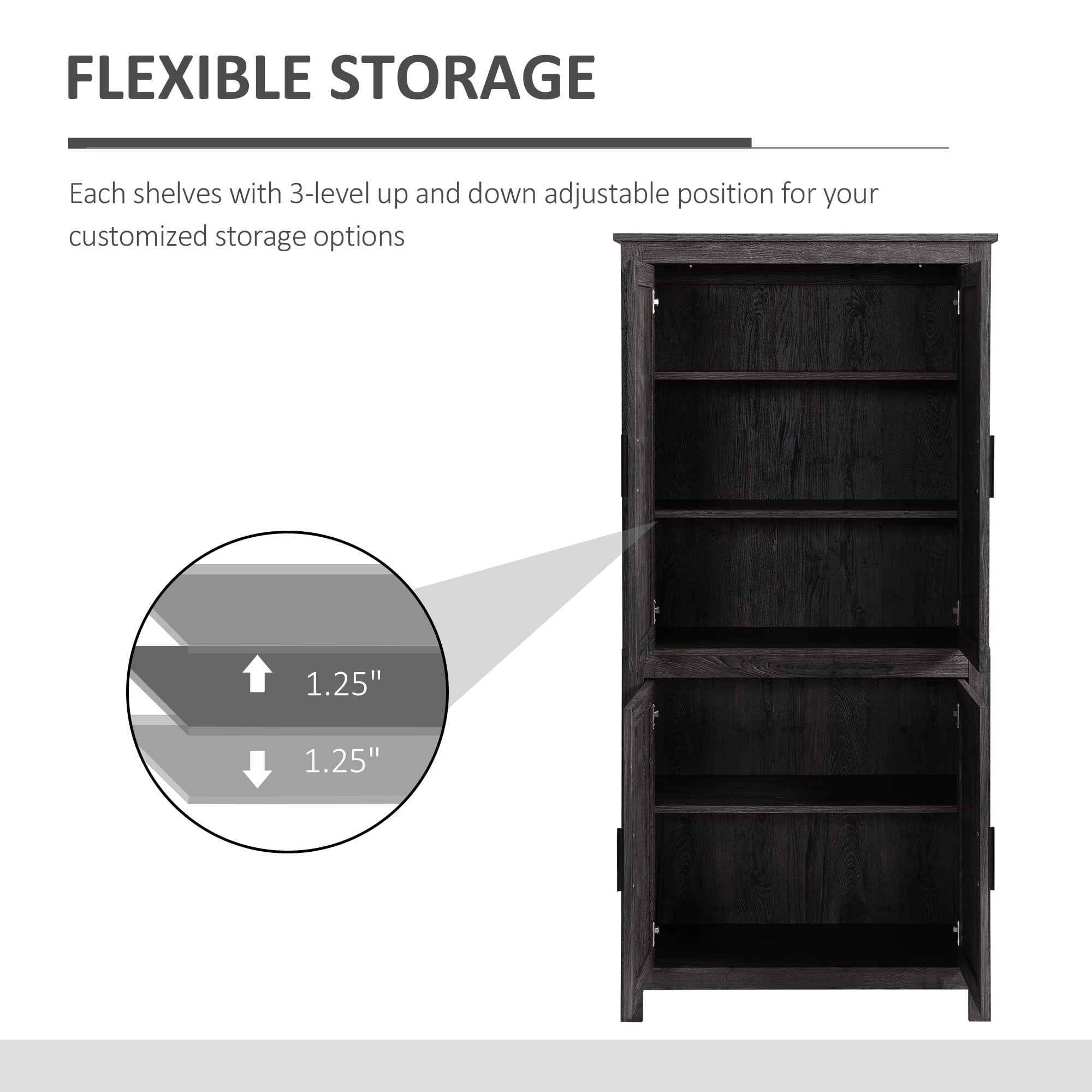 HOMCOM 64" Kitchen Pantry Cabinet, Freestanding Storage Cabinet with 4 Doors and 3 Adjustable Shelves for Dining Room, Gray