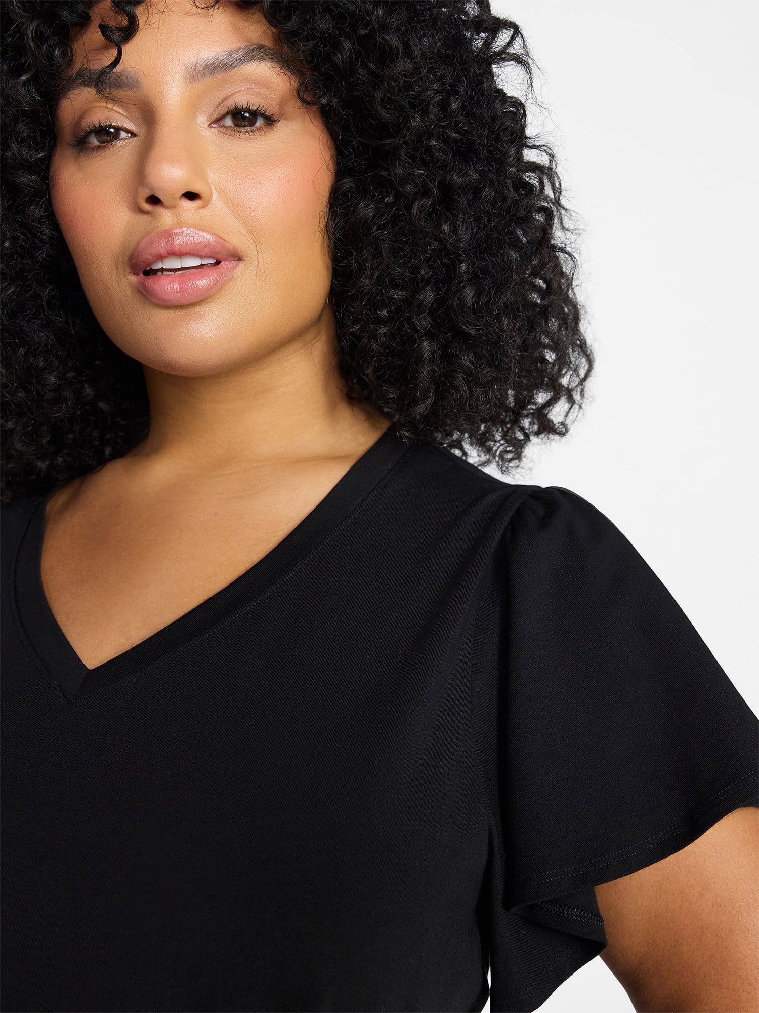 Terra & Sky Women's Plus Size V Neck Tee Dress with Flutter Sleeves, Size 0X-5X