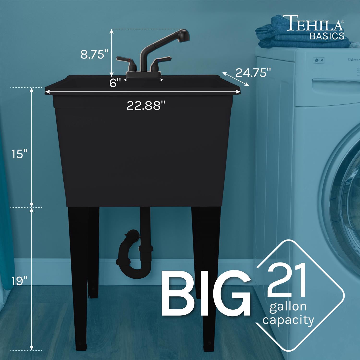 Tehila Standard Freestanding Black Laundry/Utility Sink, Black Finish Pull-Out Faucet