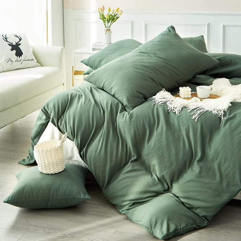 Green Duvet Cover Twin Size 100% Washed Cotton Solid Color Bedding Set 2Pcs  Simple Modern Soft Lightweight Breathable Comforter Cover