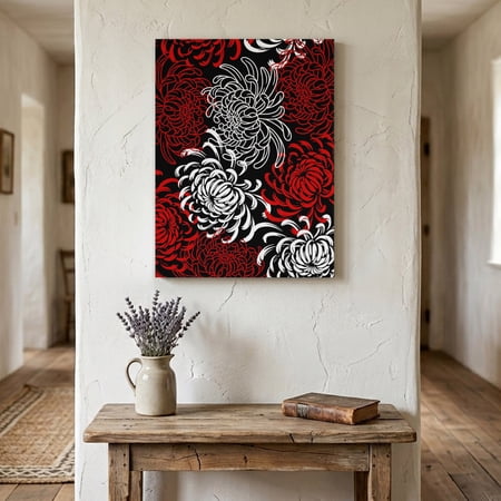 Ships Next Day Canvas Wall Art 16"x20", Red White Wood Framed Canvas Print Painting, Abstract Black Chrysanthemum Flower Floral Ready to Hang Picture Wall Decor for Home Bedroom Living Room Dining
