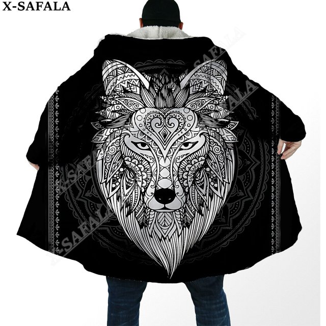Capa gruesa y cálida con capucha para hombre, abrigo con estampado 3D de armadura vikinga con símbolo de tatuaje de cuervo, abrigo de lana a prueba de viento, bata de Manta, 9