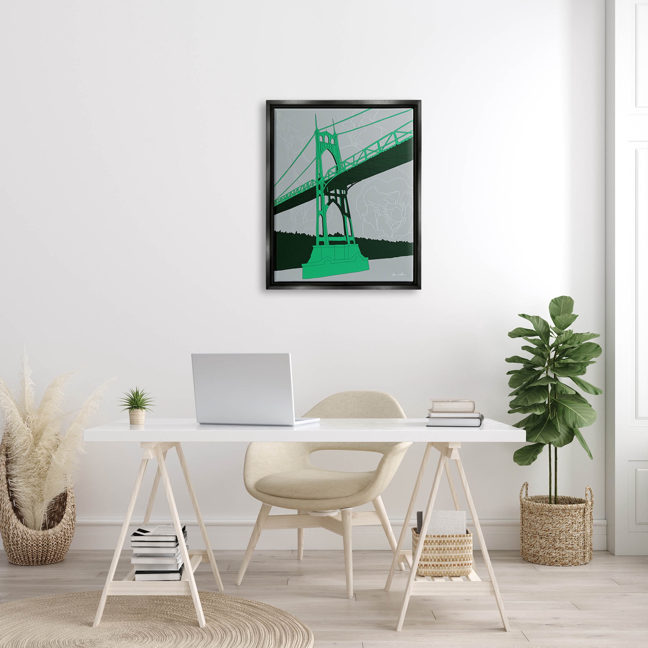 Stupell Industries Modern Floral Bridge Architecture Graphic Art Jet Black Floating Framed Canvas Print Wall Art, Design by Shane Donahue