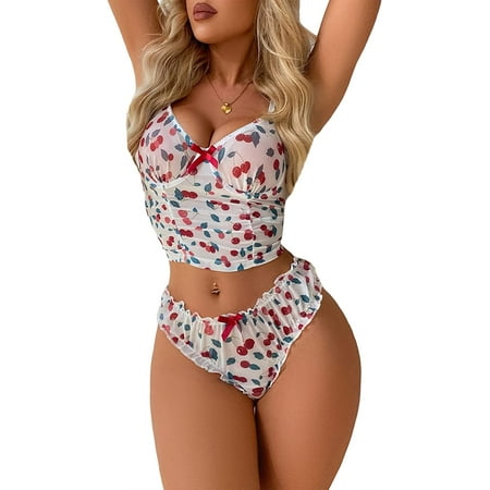 

ZWJHBFLkddd Lingerie for Women Cute Print Mesh Ruched Underwire Bra and Panty Lingerie Set