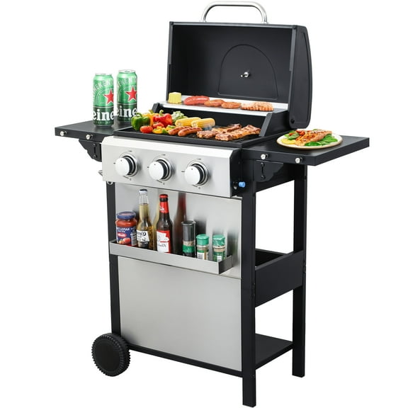 RERIOU 3-Burner Propane Gas Grill, 25,650 BTU Outdoor Stainless Steel BBQ Grill with Enamel Cooking Grids, Foldable Side Tables, Thermometer & Bottle Opener, Portable Backyard Patio Barbecue