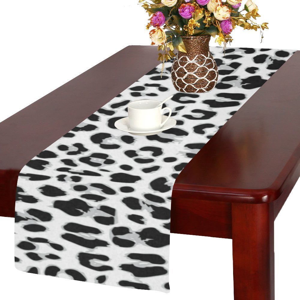 MYPOP Leopard Fur Print Table Runner Placemat 16x72 inches, Black and White Animal Skin