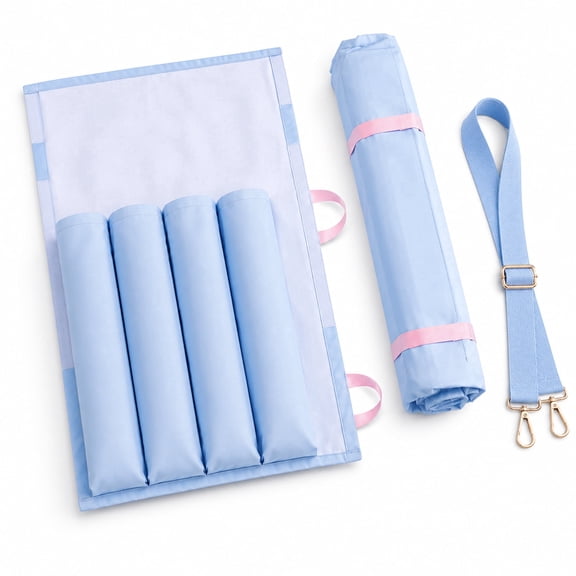 Mahjong Rack Bag for 4 Racks with Pushers, Roll Up Mahjong Storage Organizer with Adjustable Shoulder Strap, Travel Mahjong Accessories Case for Game Night and Club Play (Blue)