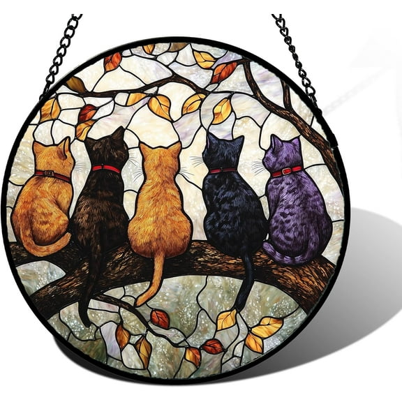 Stained Glass Window Hanging - 5 Cats on a Branch Suncatcher for Window Doors Home Decoration and Christmas, Mother's Day Father's Day Birthday Gifts for Women, Men, and Mom