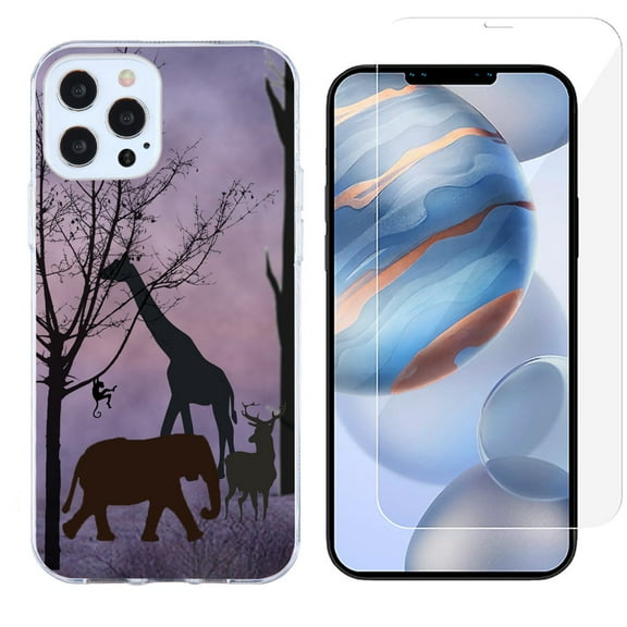 Slim-Fit Protective Phone Case compatible with iPhone 12 Pro Max, with Tempered Glass Screen Protector, by OneToughShield ® - Twilight Safari