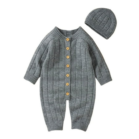 

Youmylove Newborn Infant Boy Girl Solid Knitted Sweater Baby Jumpsuit Romper Cotton Caps Outfits Sets Clothes Cute Clothing