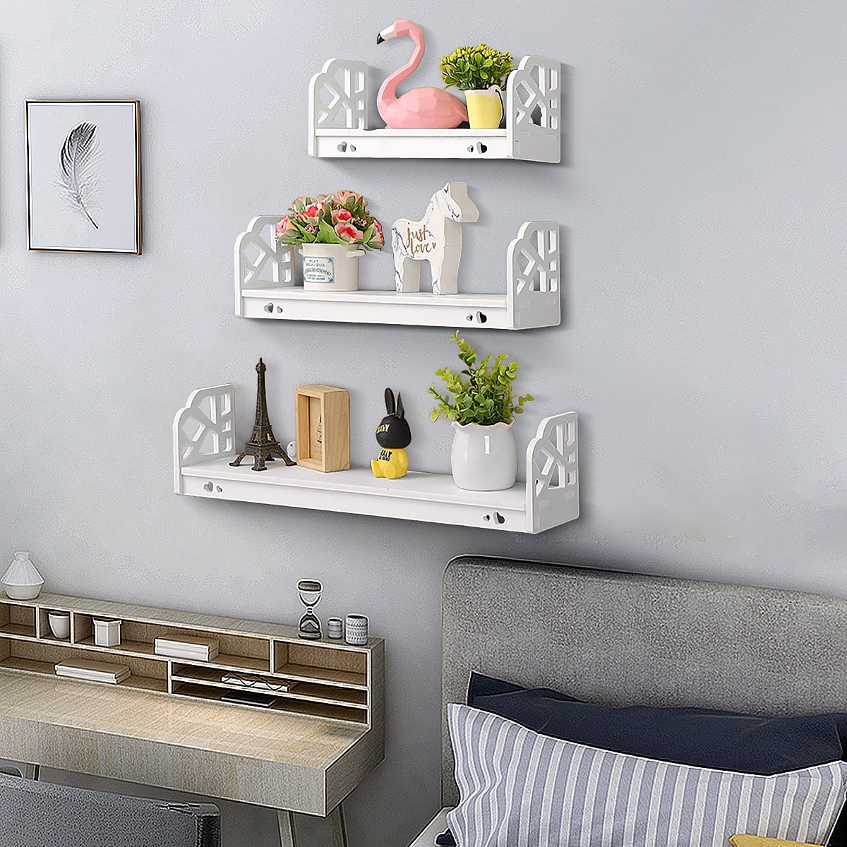 Decorative Home Side Shelf Wooden MDF Key Mobile Holder 7 Hooks Wall Organizer 