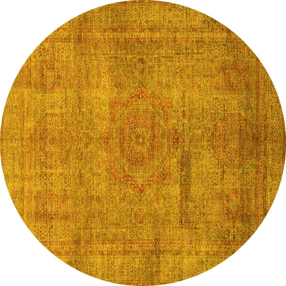 Ahgly Company Machine Washable Indoor Round Abstract Yellow Modern Area Rugs, 8' Round