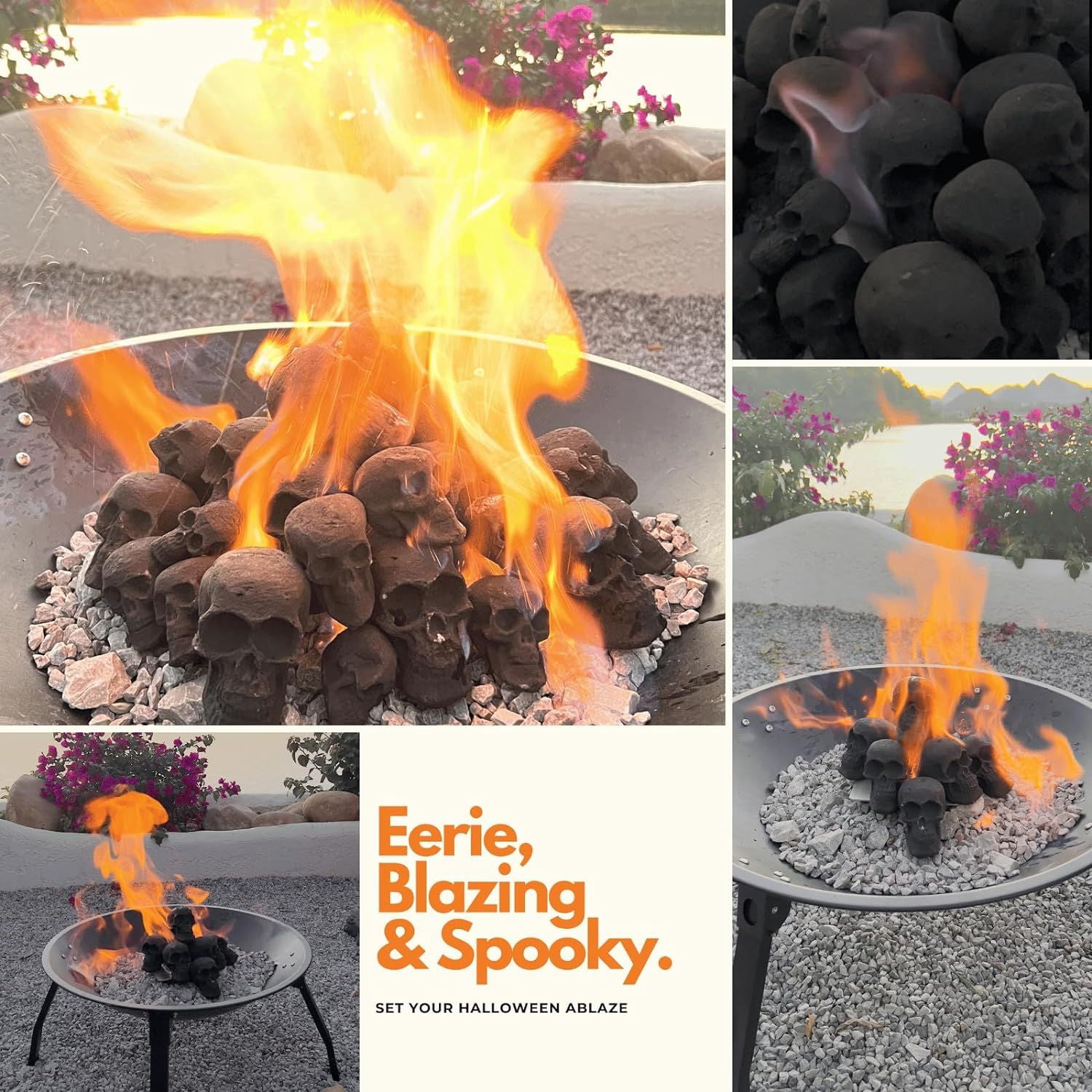 7Pcs Ceramic Skull Fire Logs for Fire Pit Fireplace 1800°F Heat Resistant Handmade Halloween Decor