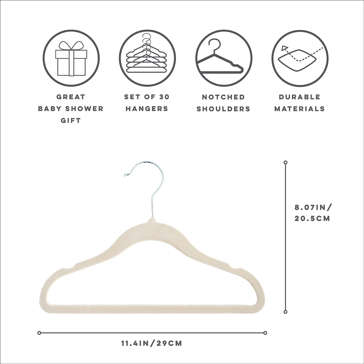 3 Sprouts Baby Velvet, Non-Slip Clothes Hangers - Pack of 30 - Beige