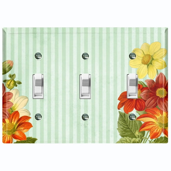Metal Light Switch Plate Outlet Cover Colorful Daisies Teal Striped Damask FLW073