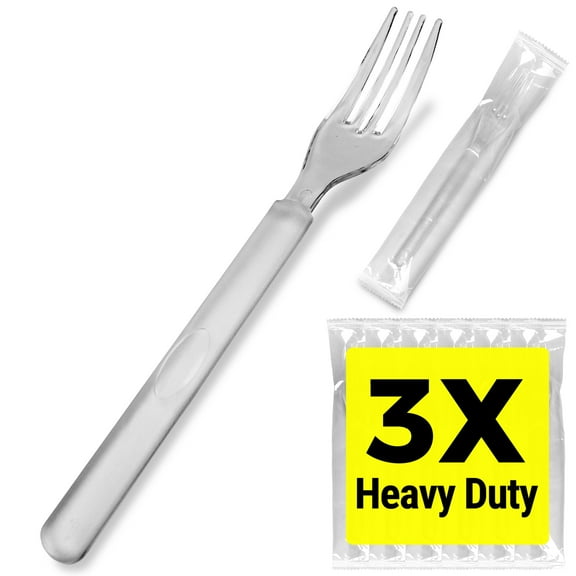 3X Heavy Duty Clear Plastic Forks Individually Wrapped, Sturdy Like Silverware, 100 Pack Black Disposable Forks Bulk, Perfect for Event Catering, Restaurant and Take Out.