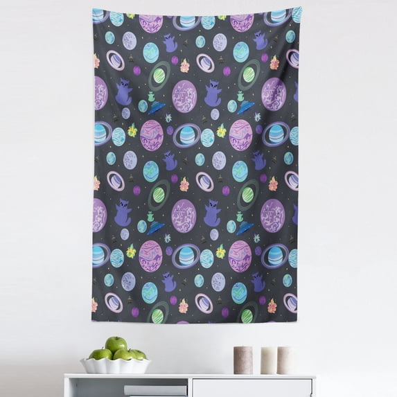 Galaxy Space Tapestry, Winged Cats Floating in Void Planets Celestial Body Ship Alien Artwork, Fabric Wall Hanging Decor for Bedroom Living Room Dorm, 5 Sizes, Grey Multicolor, by Ambesonne