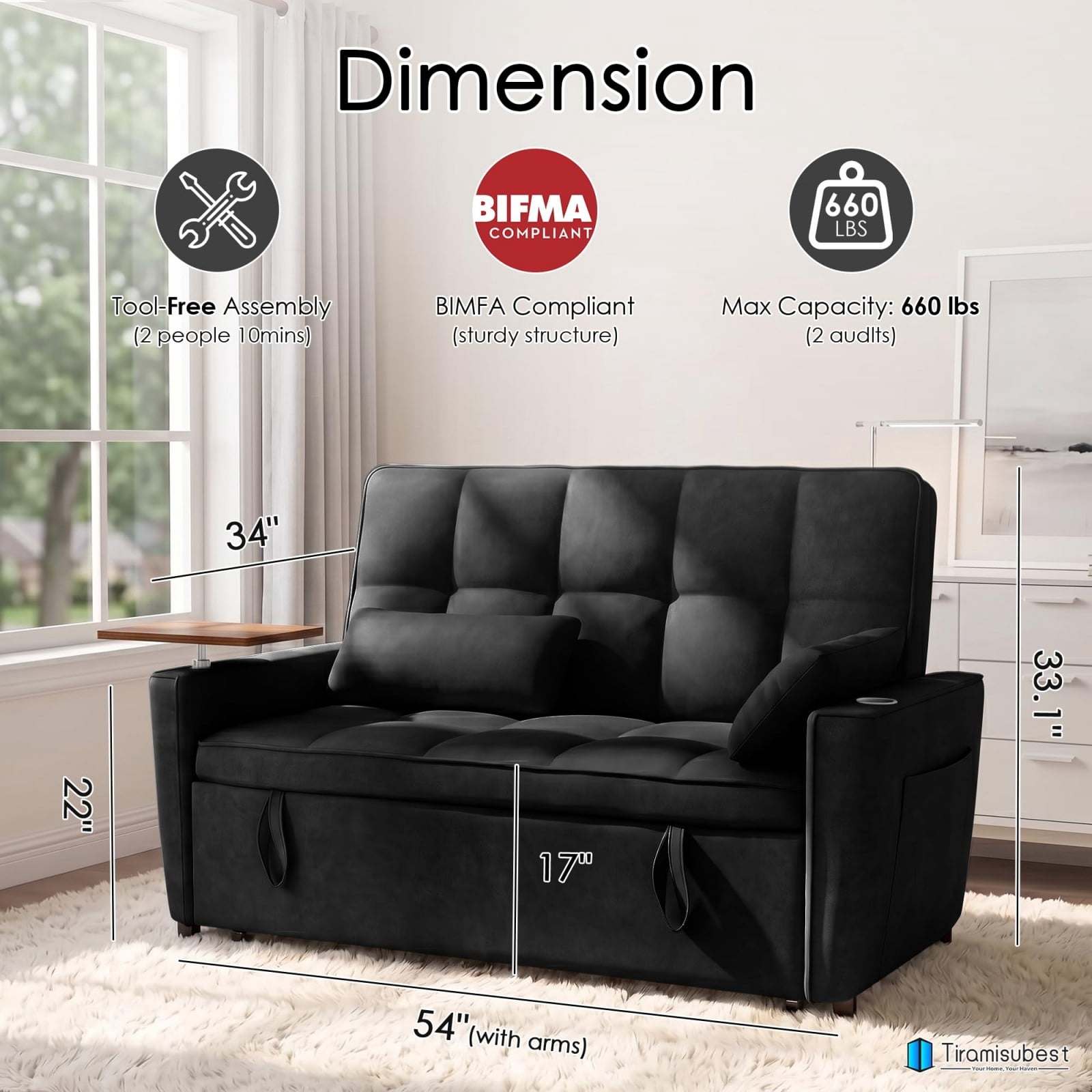 54" Sleeper Sofa Bed, Convertible Pull Out Couch Futon with Side Table, USB Ports, Cup Holder, Adjustable Backrest, Velvet Sofa Bed for Living Room Apartment, Black