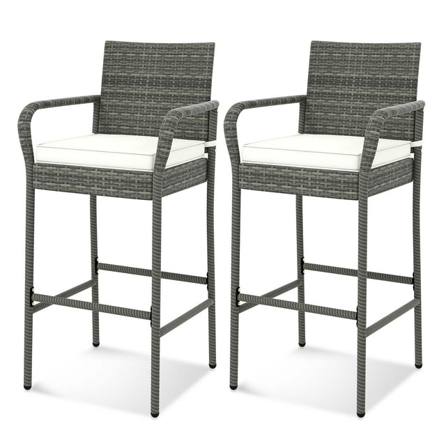 Costway Patio Wicker Barstools Set of 2 with Armrests & Soft Cushions, crafted with mix gray PE rattan and off-white cushions. Each barstool has a 30-inch seat height, ergonomic backrest, curved armrests, and a rustproof metal frame with X-shaped support for stability. Perfect for outdoor use in patios, balconies, or poolside areas as durable and stylish bar chairs.