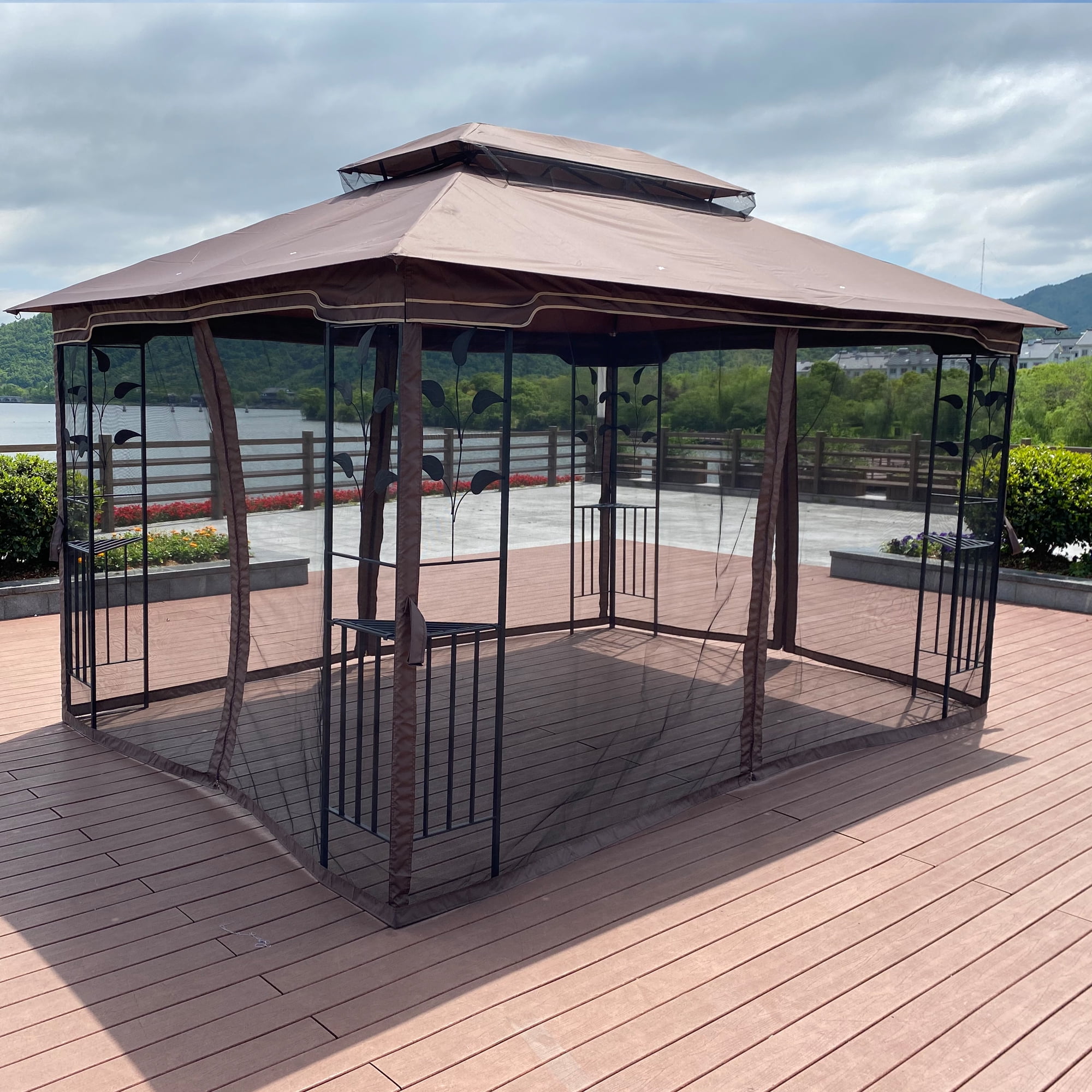 Royard Oaktree Patio Gazebo 13x10 Ft Outdoor Canopy Gazebo with Mosquito Netting and Corner Shelf Ventilation Double Roof Party Tent for Lawn Backyard Garden Deck,Brown