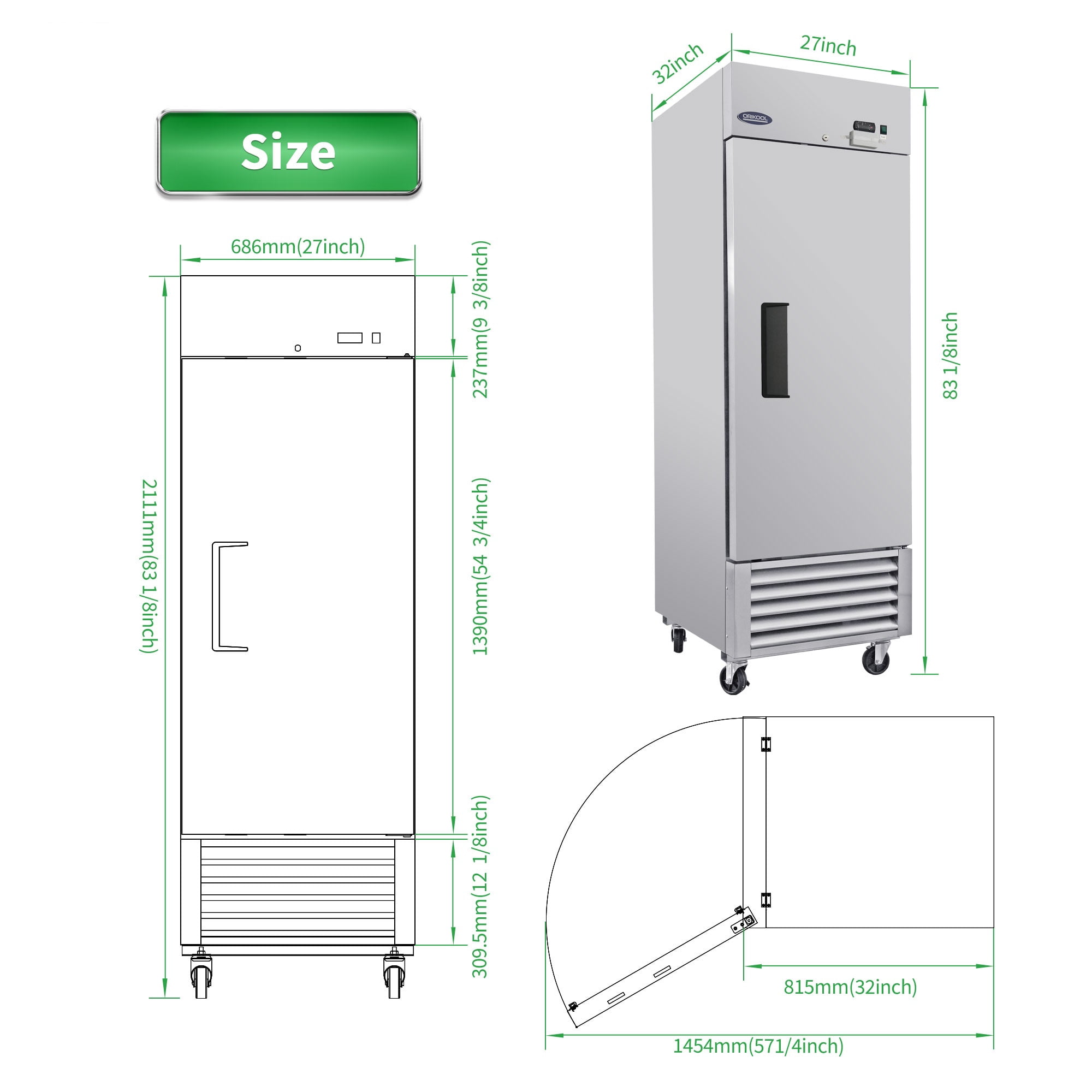 27"W Commercial Reach-In Upright Freezer, Stainless Steel Freezer, LED Light, Automatic defrost, Digital Temperature Control, Low Noise & Energy Saving 23 Cu.ft Freezer for Restaurant, Bar, Shop
