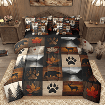 Manfei Woodland Bear Deer Bedding Comforter Set 7-Piece, Nature Mountain Tree Full Bedding Set, Lake House Checkered Fitted Sheet Flat Sheet, Microfiber Bedroom Decor