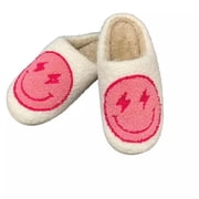 PacificPlex Womens Smiley Fuzzy Preppy Smile Slippers Retro Cozy Comfy Plush Warm Slip-on Happy Face Slippers Winter Casual Indoor Soft Fluffy House Shoes (9-10.5, Pink Lightning-Bolt)