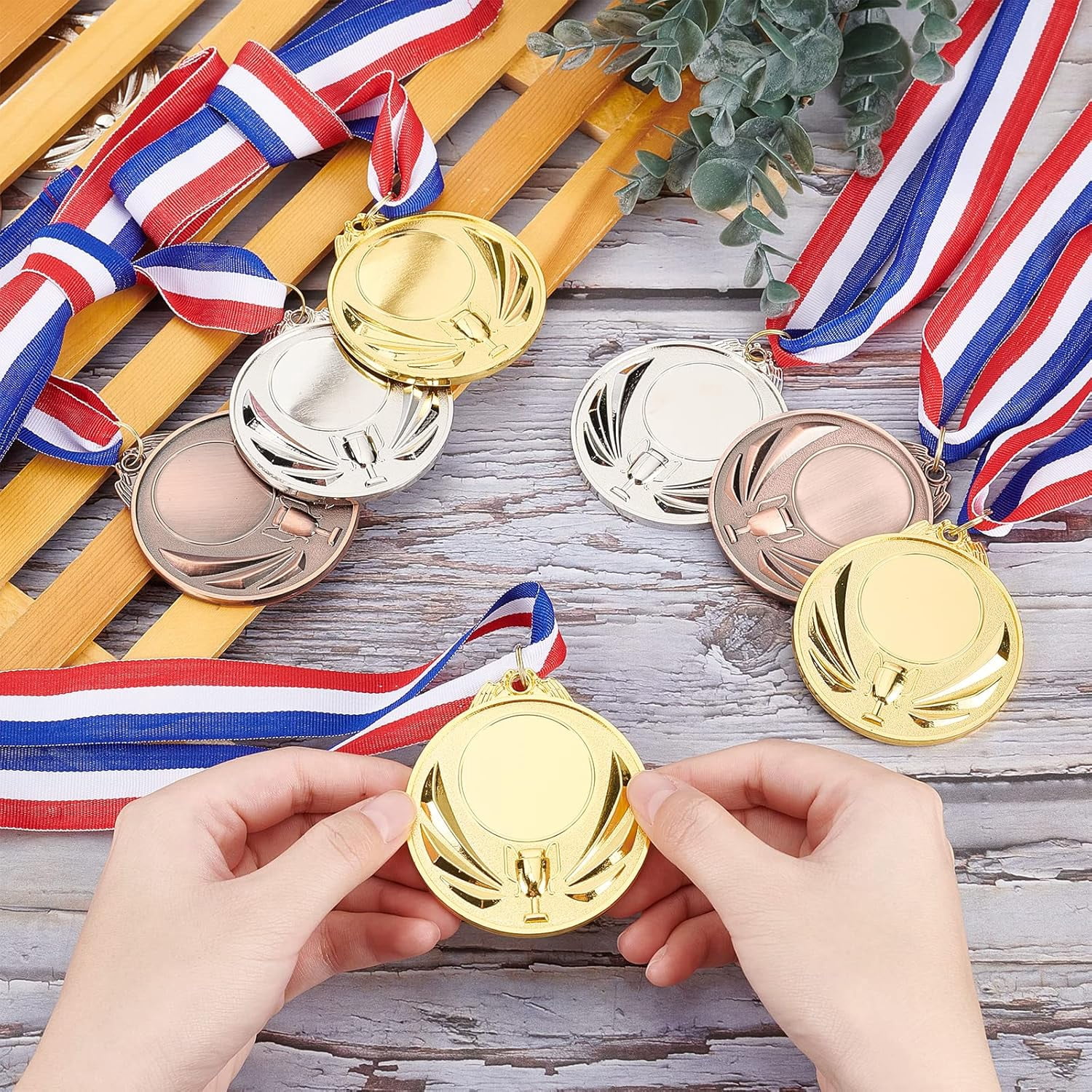 12Pcs 3 Colors Zinc Alloy Blank Award Medals with Polyester Cord Flat Round with Trophy Pattern Mixed Color 19.76 inch(50.2cm) 4pcs/color