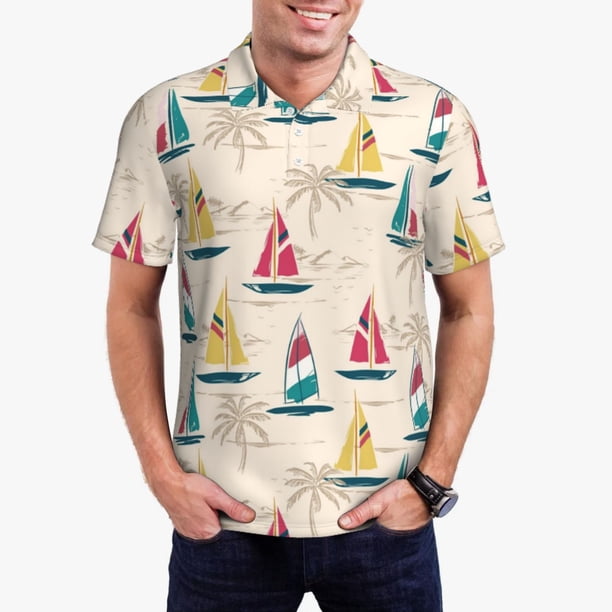 Fotbe Reto Marine Nautical Camiseta Polo de Golf para Hombre con Estampado – Camisa Deportiva Transpirable con Cuello Abotonado-Medium