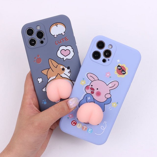 Funda para teléfono, para iPhone 11 Funda tridimensional para teléfono móvil con descompresión creativa, 3D, divertida, linda, de silicona suave, para apretar, culo de cerdo, culo de perro, alivio del estrés, relajación, funda de animales blandos JM