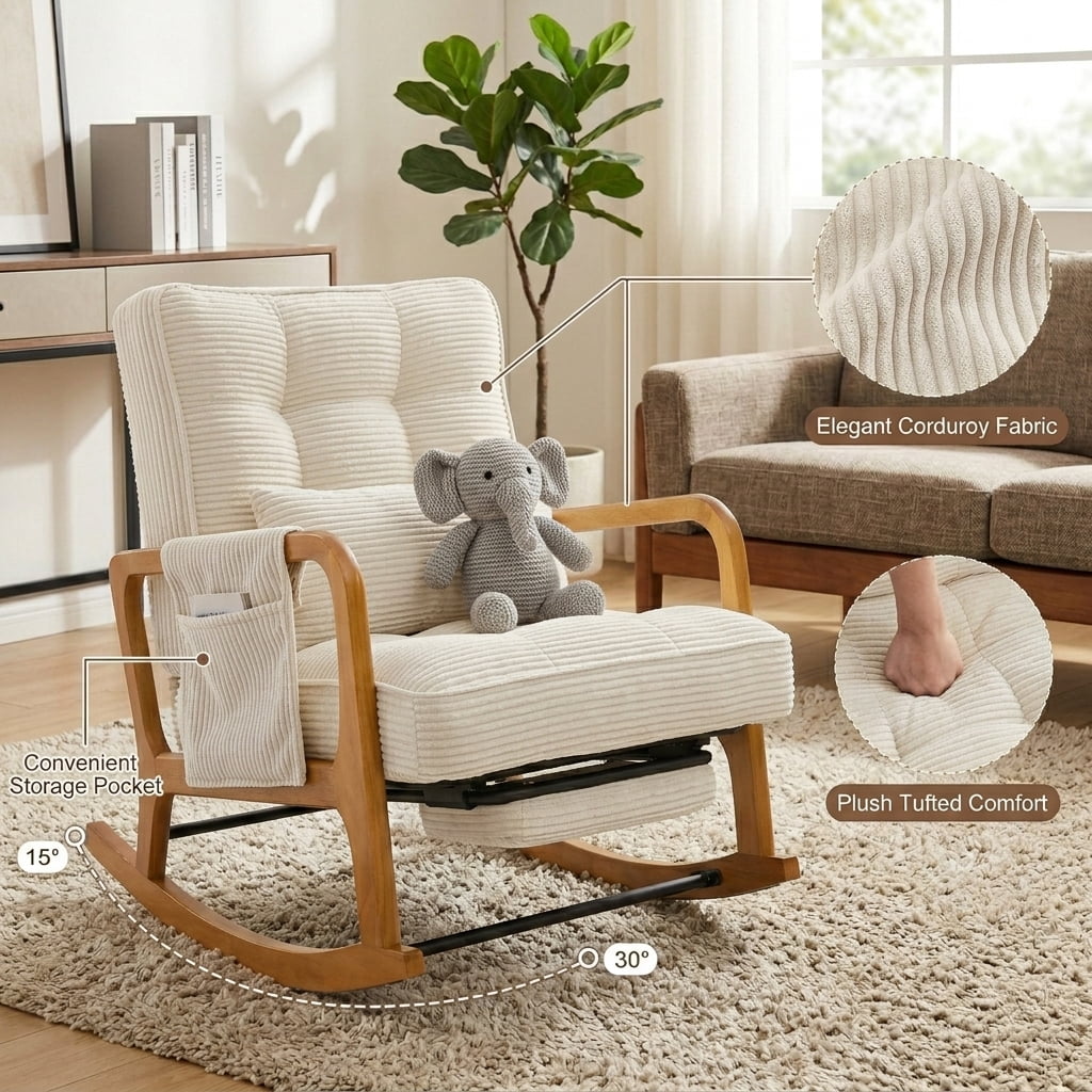 MOONMISS Rocking Chair with Footrest,Rocker Nursery Chair with Side Pocket,Glider Rocker,Accent Reading Chair for Living Room,Beige