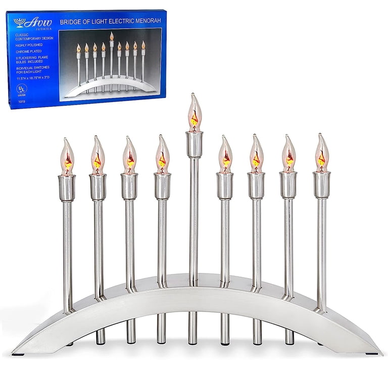 Brushed Stainless Steel Electric Menorah with Flickering Flames photo 6