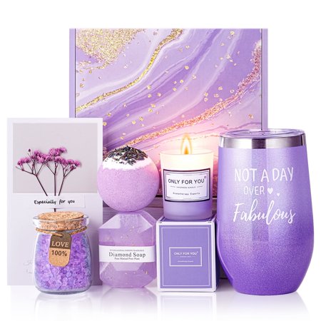 Gifts for Women, Mom, Wife, Girlfriend, Sister, Friends, Her - Unique Birthday, Christmas, Valentine's Day, Mothers Day Gifts - Initial Lavender Spa Gift Basket Set (purple)
