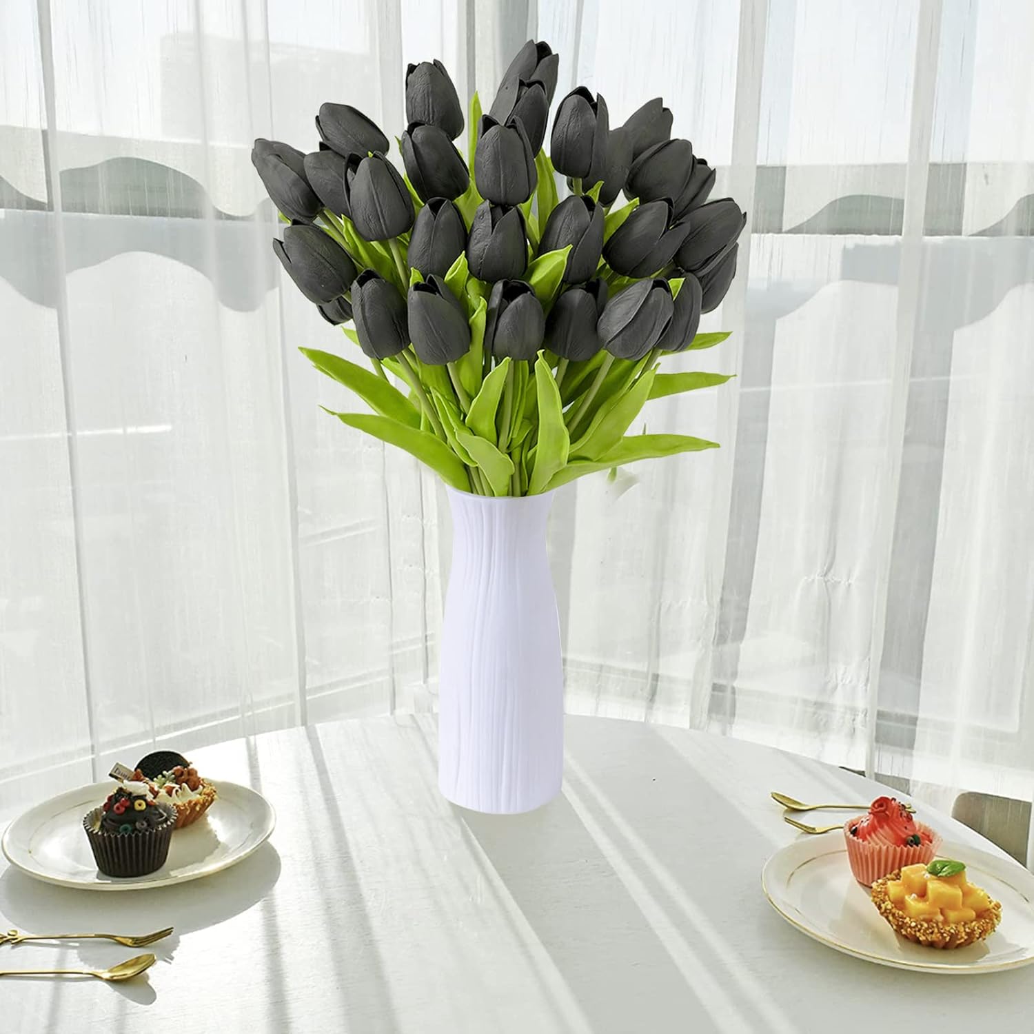 30Pcs Artificial Tulip Flowers Faux Tulip Stems PU Real Touch Tulips 13.7" for Spring Easter Vase Wedding Bouquets Floral Arrangements Wreath Table Centerpiece Indoor Outdoor Decoration (Black)