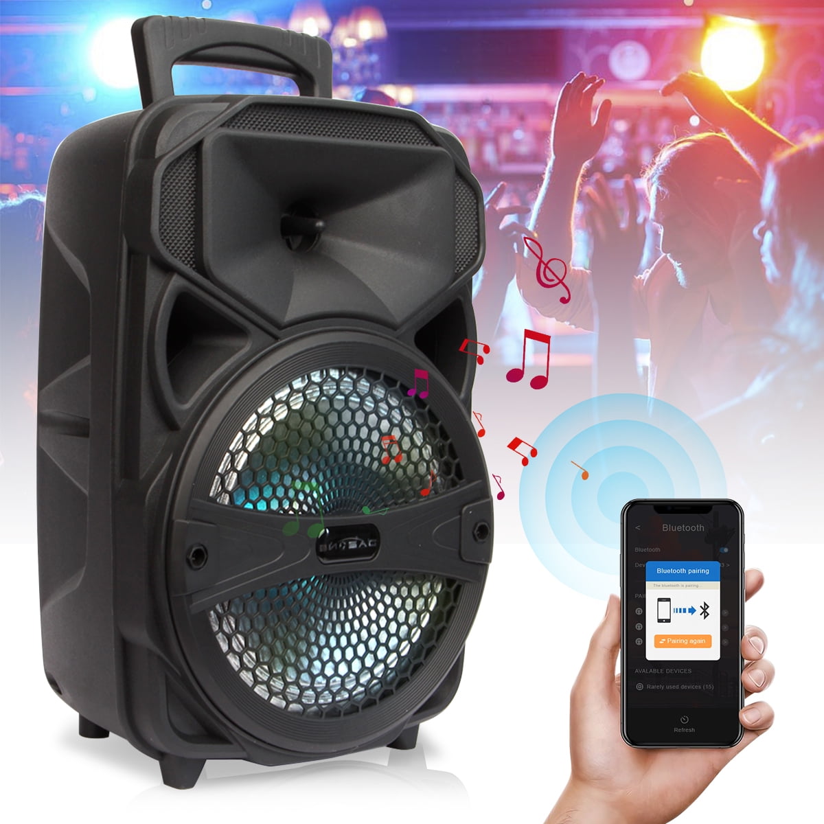 Dazone Bluetooth Speaker, Portable Wireless LED Speaker 8" with FM Radio/USB/SD Slot/Karaoke(with Mic, Remote Control)