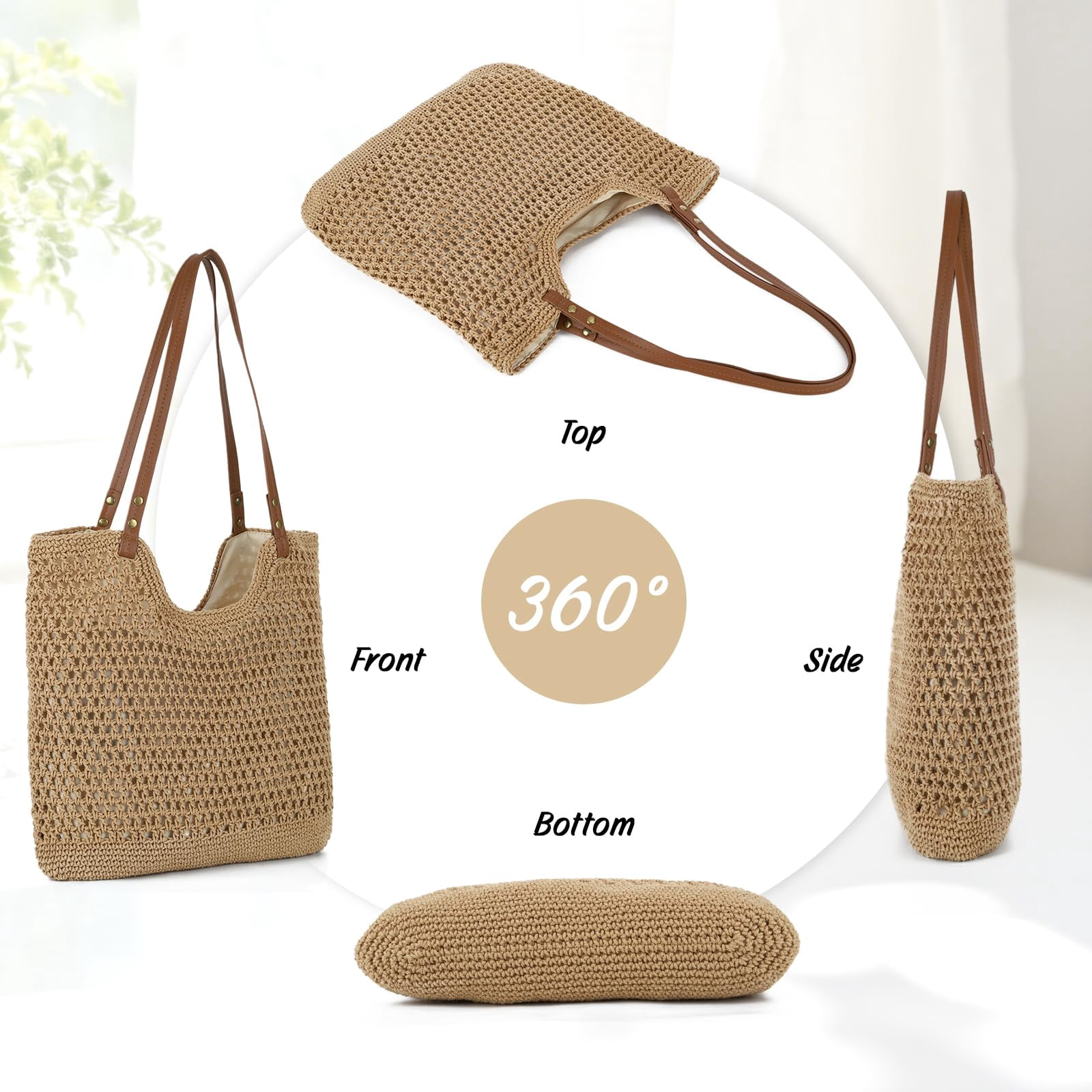 mirlewaiy Beach Bags for Women Woven Crochet Summer Purse 2026 | Boho Tote Bag, 13.8" Large Capacity, Tote Bag with Zipper, Foldable Packable, Beach Shipping, Vacation Purse