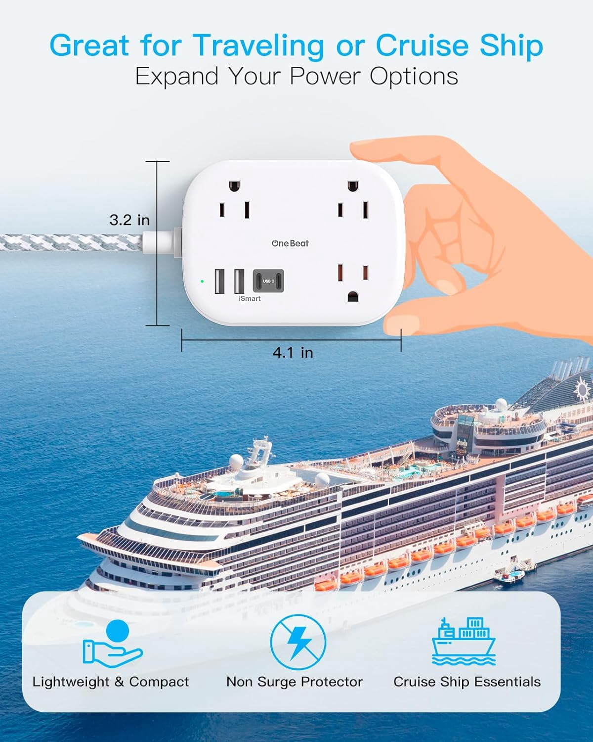 RGHJAR-Cruise Essentials 2025, Travel Power Strip with USB C,Flat Plug Extension Cord with 3 Outlets 4 USB Ports(2 USB C),5 ft Desk Wall Outlet Extender,Non Surge Protector for Cruise,Dorm Room,ETL