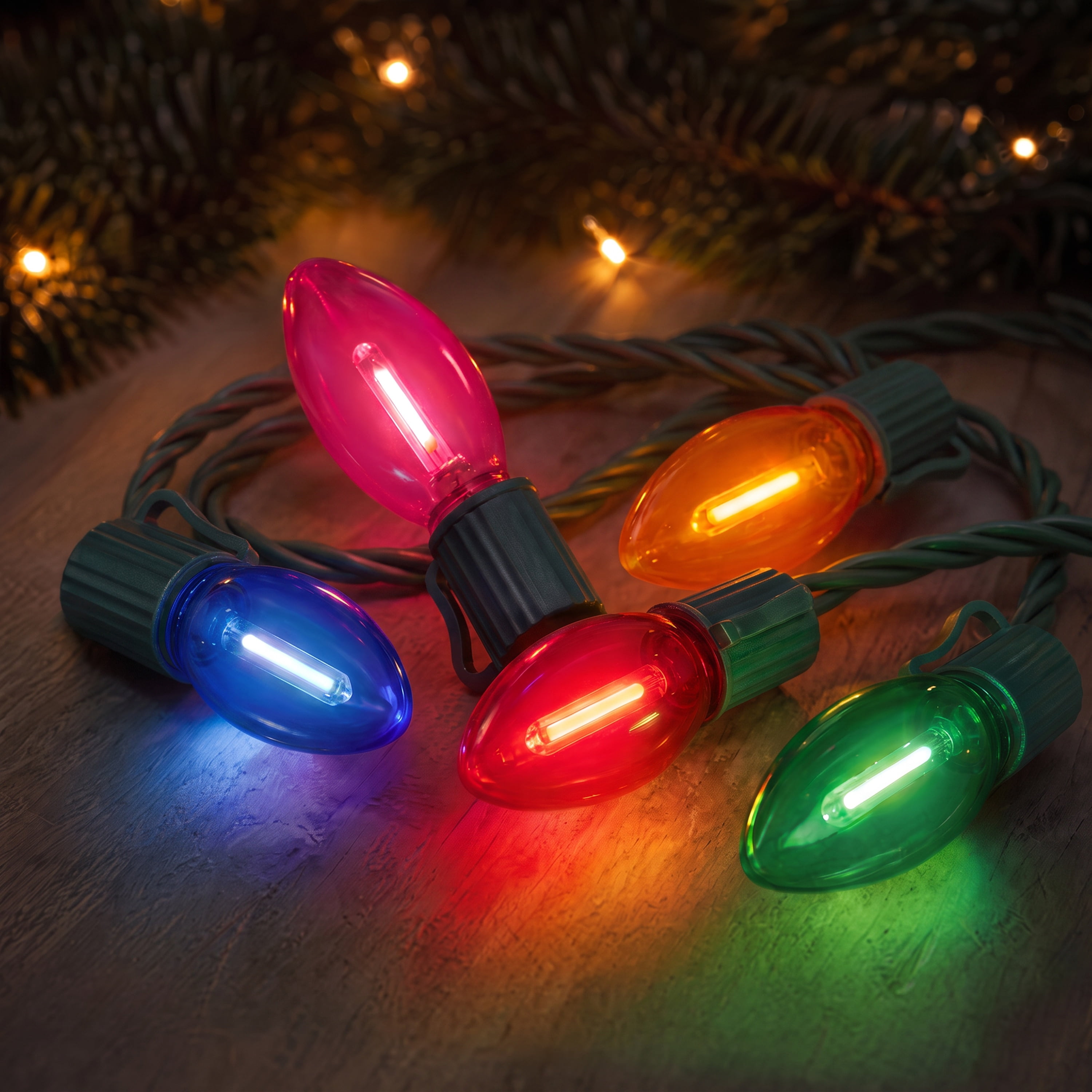 Indoor/Outdoor 25-Count LED Extra Bright Vintage-Style C9 Christmas String Lights, Multicolor, Green Wire, 14', by Holiday Time