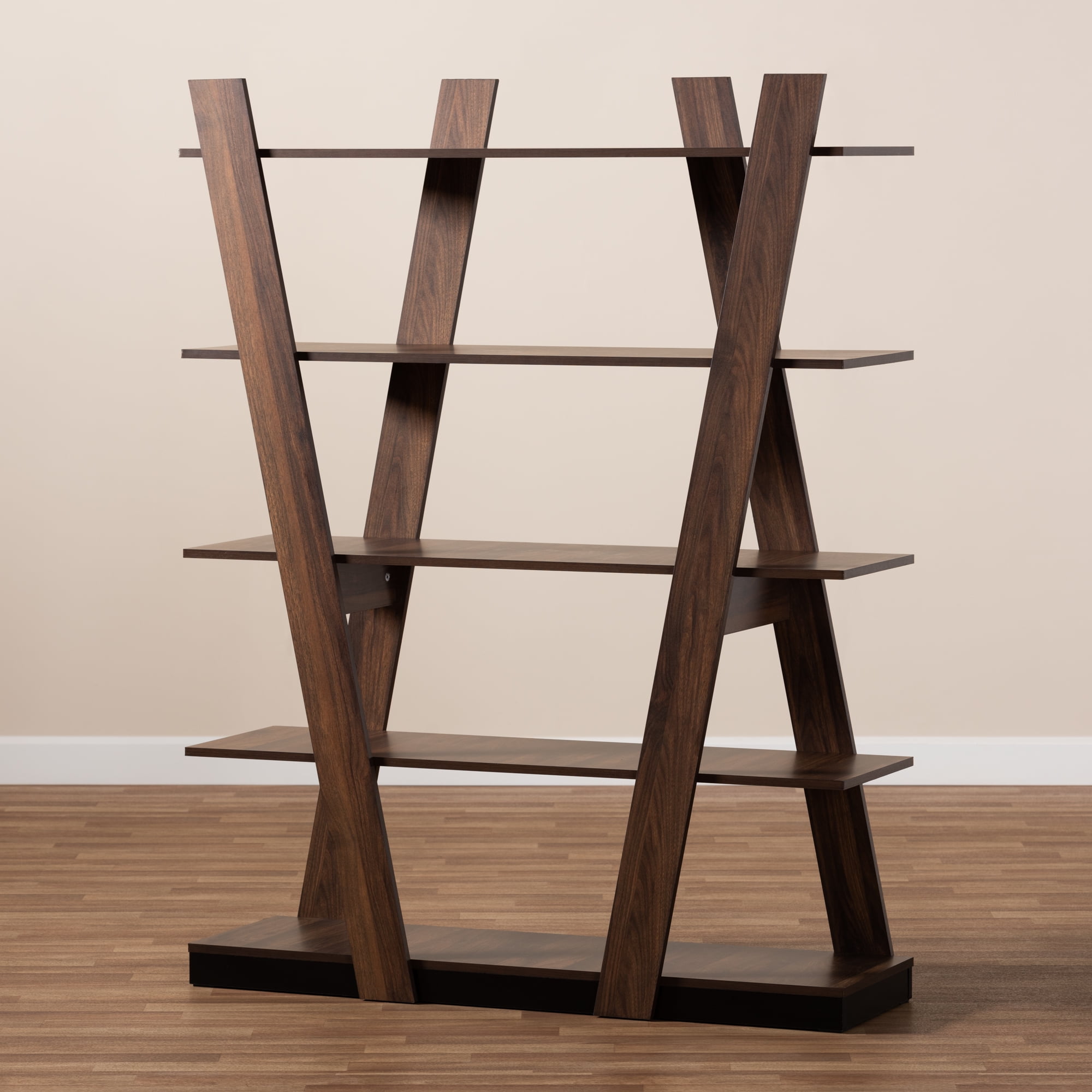 Baxton Studio Michio Modern and Contemporary Walnut Brown Finished 5-Tier Wood Geometric Living Room Display Shelf