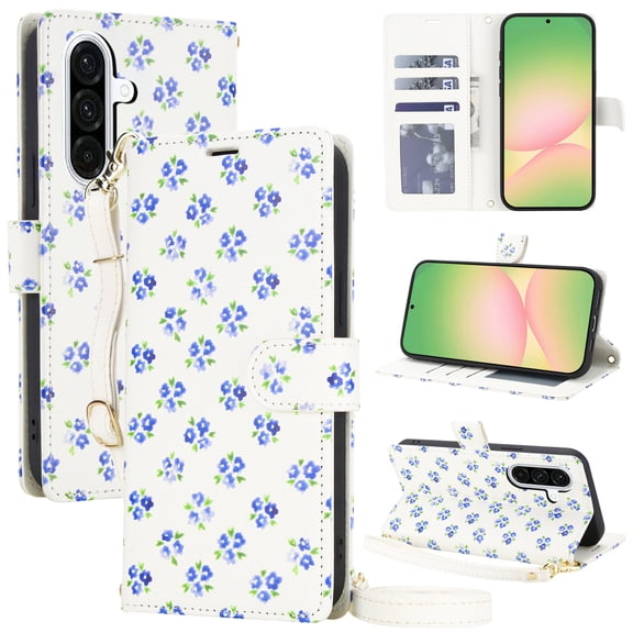 Wallet Case for Samsung Galaxy S26, PU Leather Floral Pattern Case with 3 Card Slots and Cash Pocket, Shoulder Strap, Wrist Strap, Full Body Protective Flip Cover for Samsung Galaxy S26, Blue
