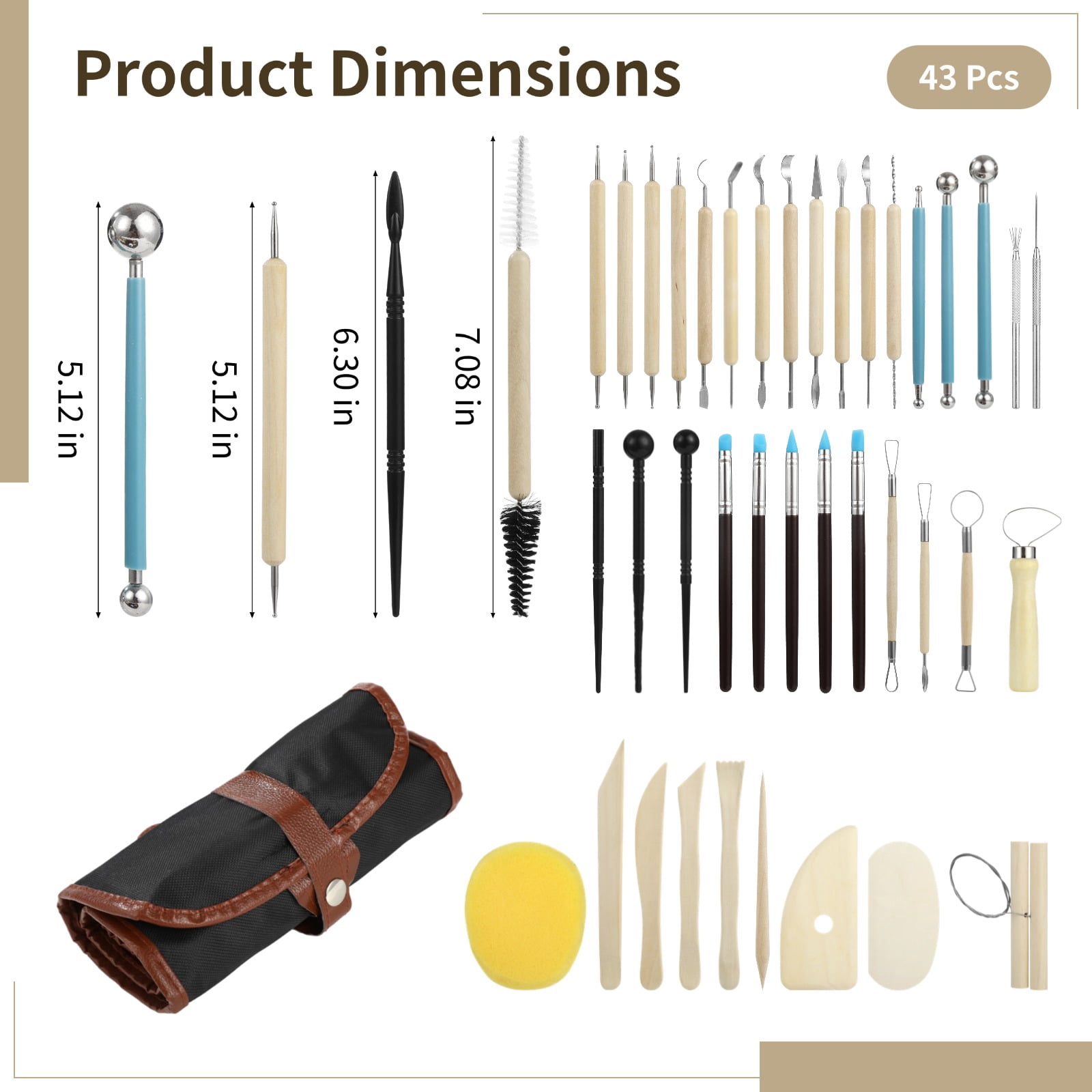 43 Pcs Pottery Tool Set for Sculpting, Double Sided Ceramic Clay Carving Tools with Carrying Bag, Wooden and Stainless Steel Modeling Tools for Clay, Polymer, Ceramics, DIY Art Projects