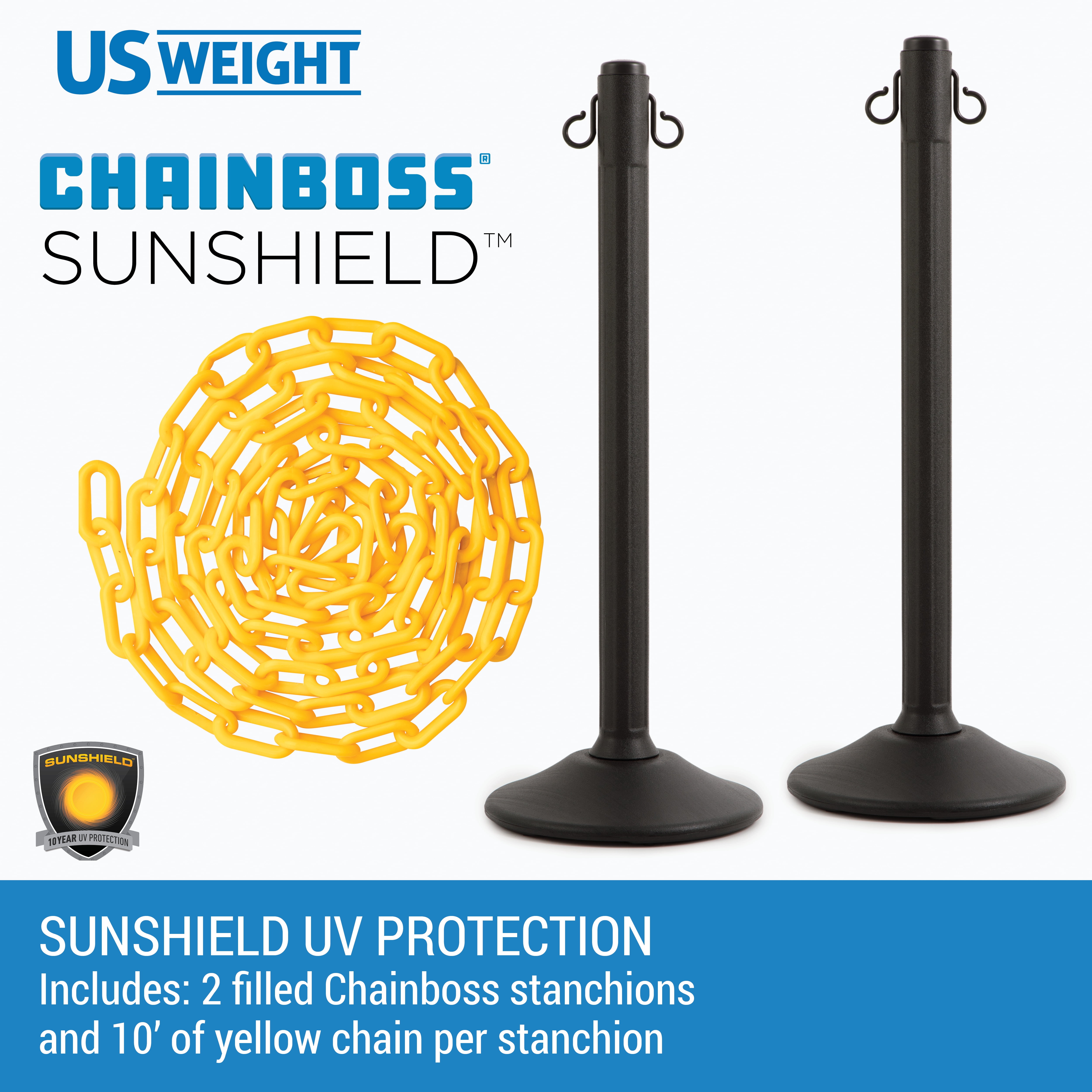 ChainBoss Heavy Duty Weighted Black Plastic Stanchions Crowd Control Barriers With 10' of Yellow Plastic Chain Kit (2-Pack)